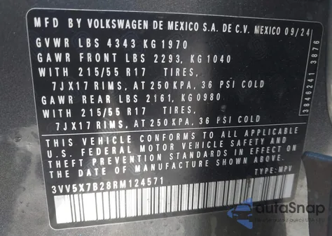 2024 Volkswagen Taos 1.5T S from USA, damaged, VIN 3VV5X7B28RM124571